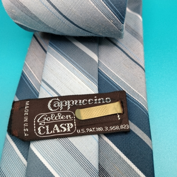 Vintage Cappuccino Golden Clip Gray Blue Diagonal Stripes Tie Necktie Retro 70s - Picture 3 of 8